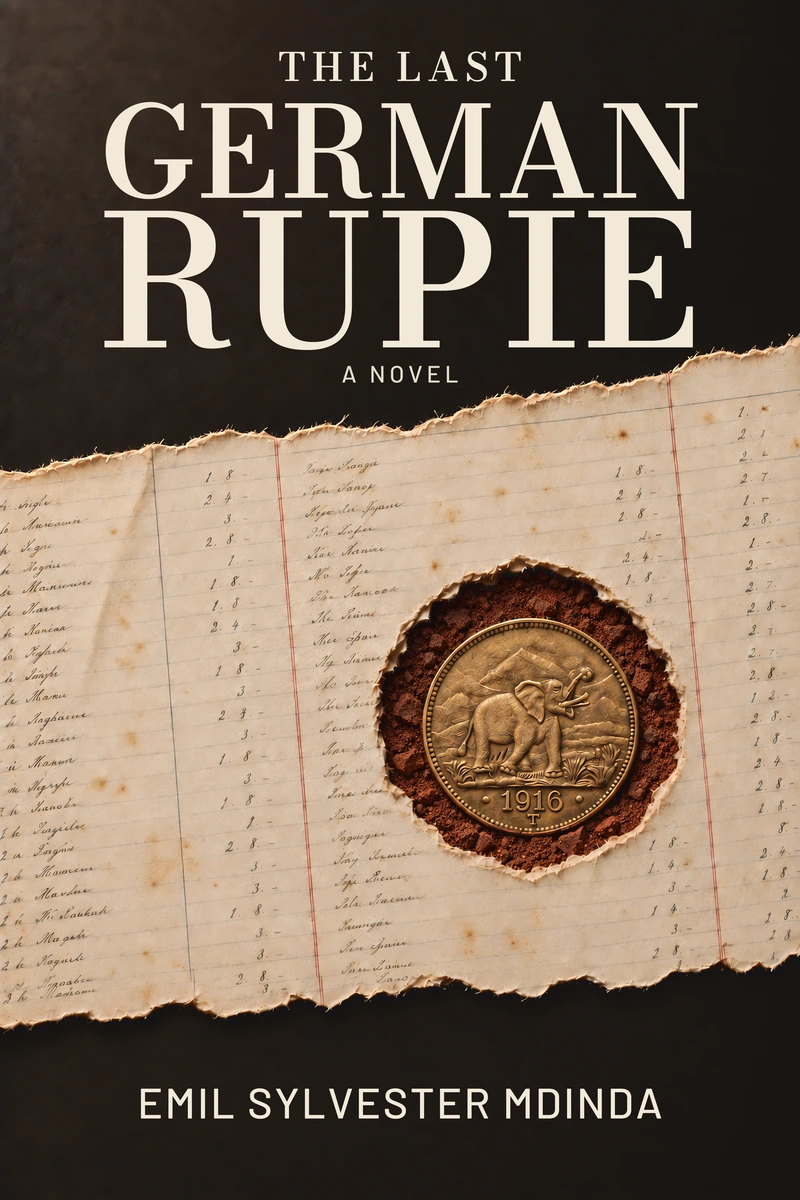 Cover of The Last German Rupie by Emil Sylvester Mdinda, featuring a gold coin dated 1916 exposed through a torn handwritten ledger.